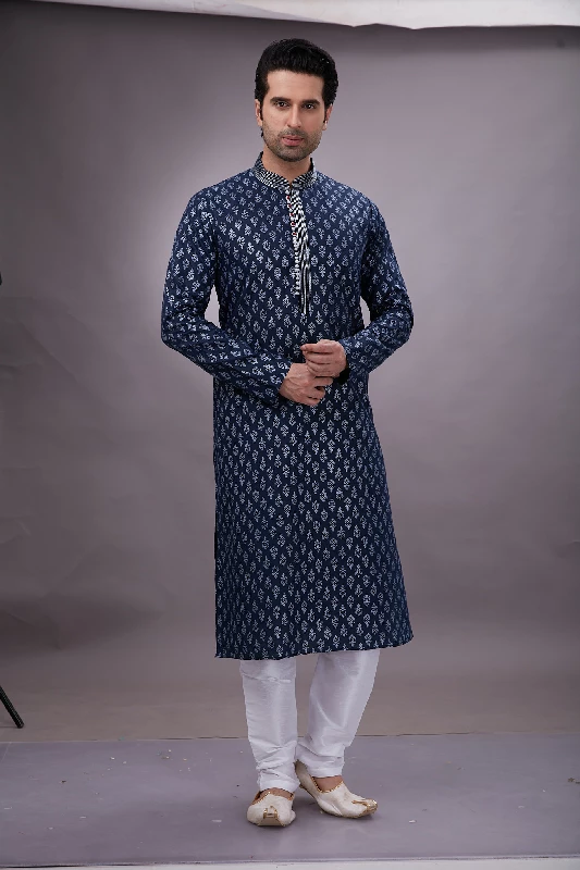 Navy Blue Cotton Printed Kurta Set, 32-1.webp
